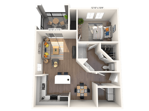 Floor plan for 1 bed, 1 bath, 735 sqft
